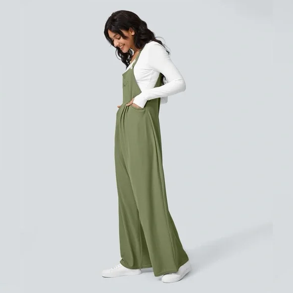 Halara Adjustable Strap Button Multiple Pockets Waffle Casual Overalls Green - Picture 4 of 10